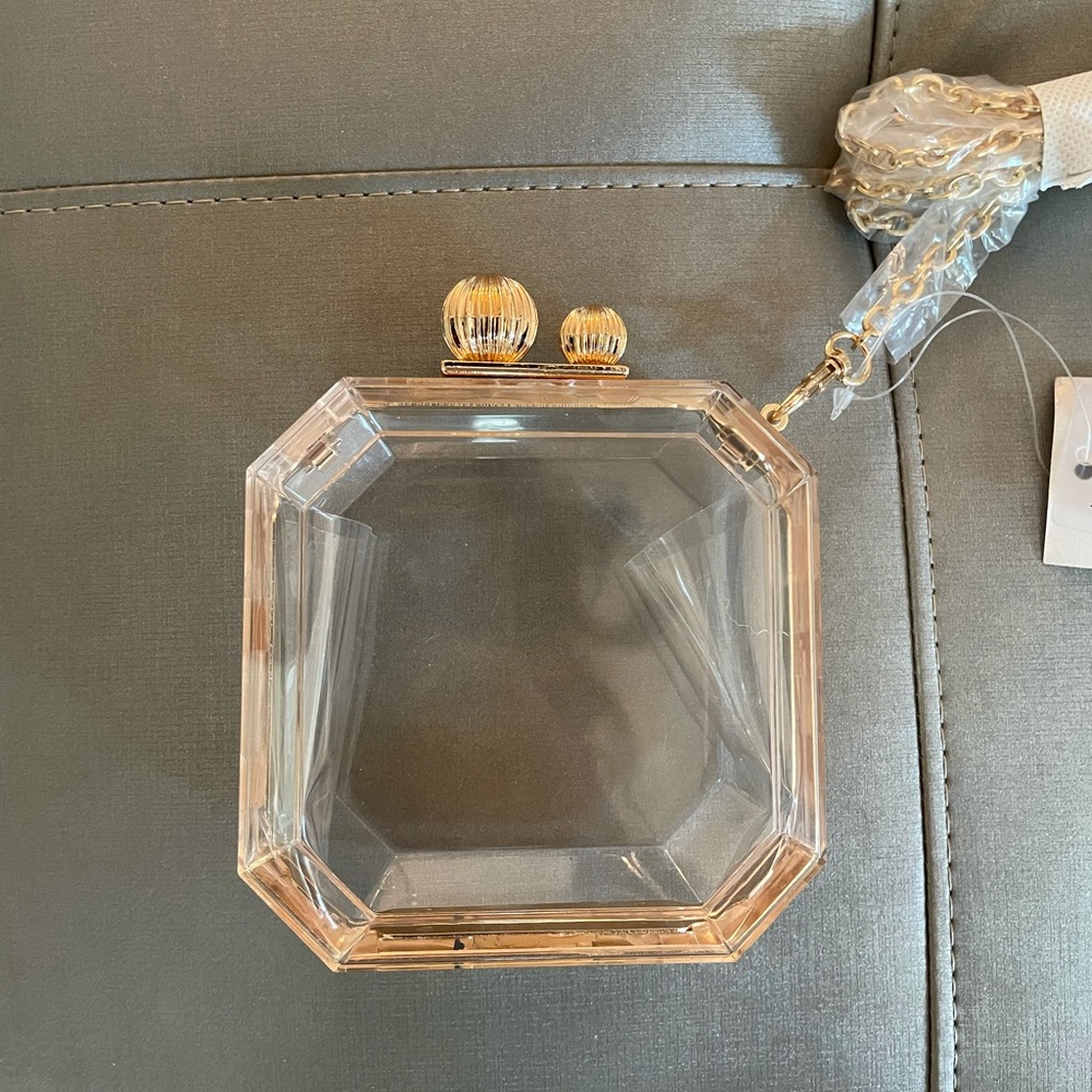Clear mini clutch with gold chain